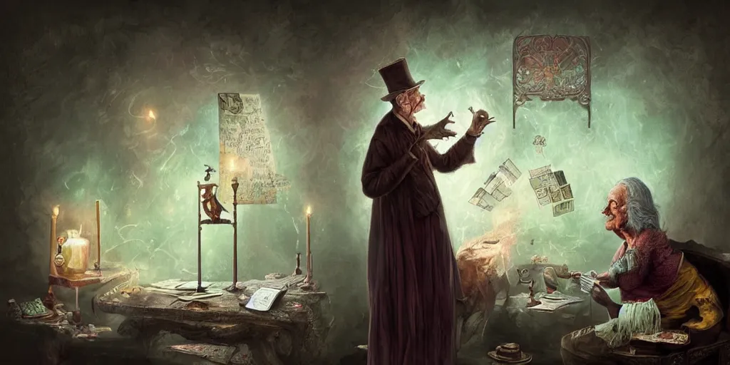 Image similar to wizened aristocrat examining the mysteries of tarot cards on a magical blackboard, background is magical blackboard with chalk,, fantasy art, matte painting, high quality, digital painting, artwork by tony sart