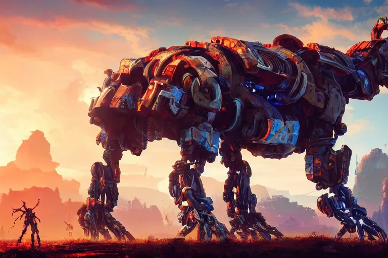 Image similar to thunderjaw machine mecanical creature robot of horizon forbidden west horizon zero dawn radiating a glowing aura global illumination ray tracing hdr fanart arstation by ian pesty and alena aenami artworks in 4 k