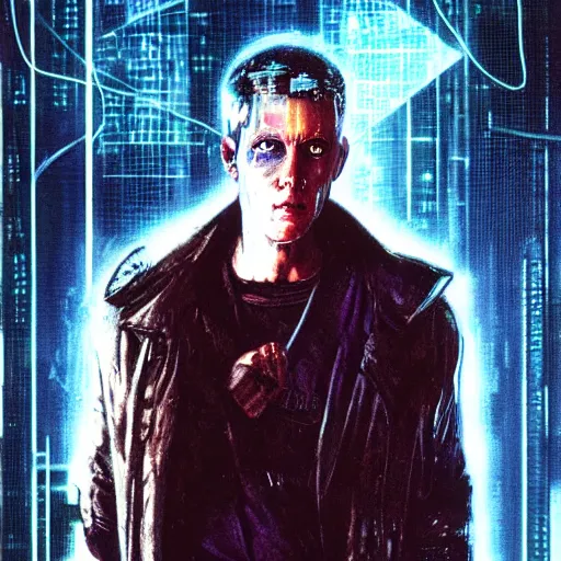 Prompt: Corto from the novel Neuromancer, washed up ex soldier, portrait shot, wires, cyberpunk, movie illustration, poster art by Drew Struzan