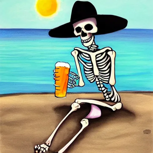 Image similar to painting of a skeleton wearing summer clothes, sitting on the curb at a beach, drinking beer and enjoying life