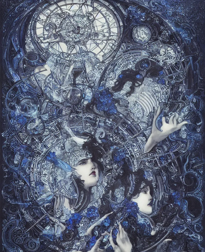 Prompt: illustration of mystical geometrical alchemical black gate covered in blue sacred symbols, deep focus, intricate, elegant, highly detailed, foggy, misterious, digital painting, artstation, concept art, matte, sharp focus, art by artgerm and ernst haeckel and alphonse mucha