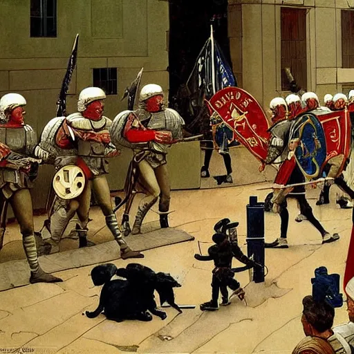 Image similar to an army of roman soldiers raids the White House, painting, stylized, by Norman Rockwell