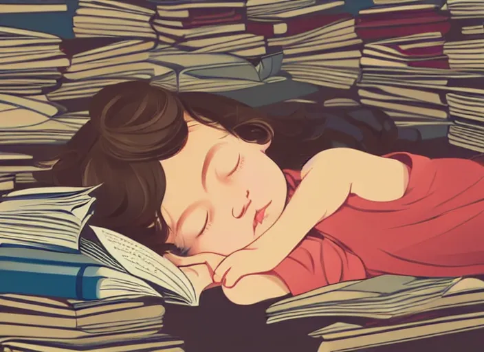 Prompt: a little girl with short wavy curly light brown hair is asleep in pile of books. clean cel shaded vector art. shutterstock. behance hd by lois van baarle, artgerm, helen huang, by makoto shinkai and ilya kuvshinov, rossdraws, illustration, art by ilya kuvshinov