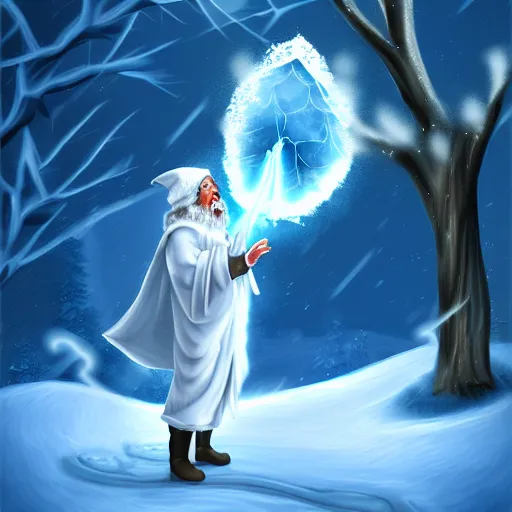 Image similar to A wizard casting a spell of ice and snow, digital art