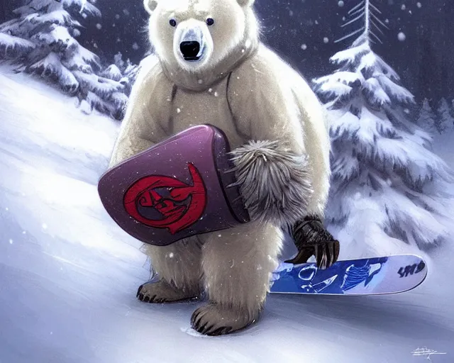 Image similar to a super cute anthropomorphic polar bear in snowgear from final fantasy, holding a snowboard, deep focus, d & d, fantasy, intricate, elegant, highly detailed, digital painting, artstation, concept art, matte, sharp focus, illustration, hearthstone, art by artgerm and greg rutkowski and alphonse mucha