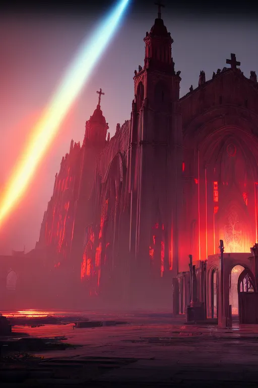 Image similar to symmetrical, centered composition, ancient church with red shafts of light in destiny 2, foggy, liminal, dark, dystopian, beautiful architecture, abandoned, highly detailed 4 k destiny 2 expansion key art wallpaper