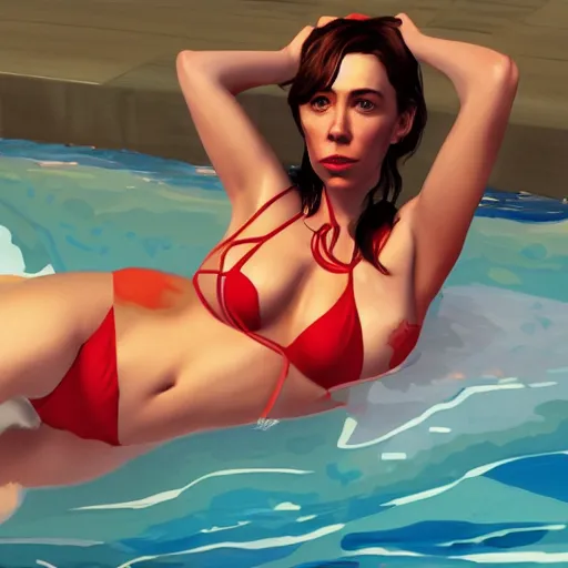 Image similar to vanessa kirby as hattie in gta v wearing a red bikini taking a selfie, cover art by stephen bliss, artstation, no text