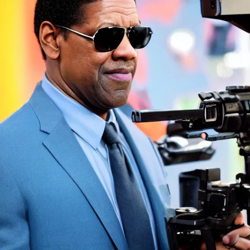 Prompt: Denzel Washington stands with blue physics gun, the blue color shines from the physics gun, sony ultra camera, hd dslr 8k+