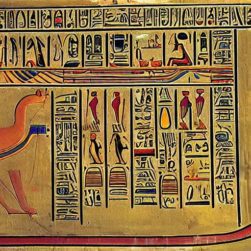 Prompt: a painting of an ancient egyptian hieroglyphic tablet depicting a a cute cat by moebius