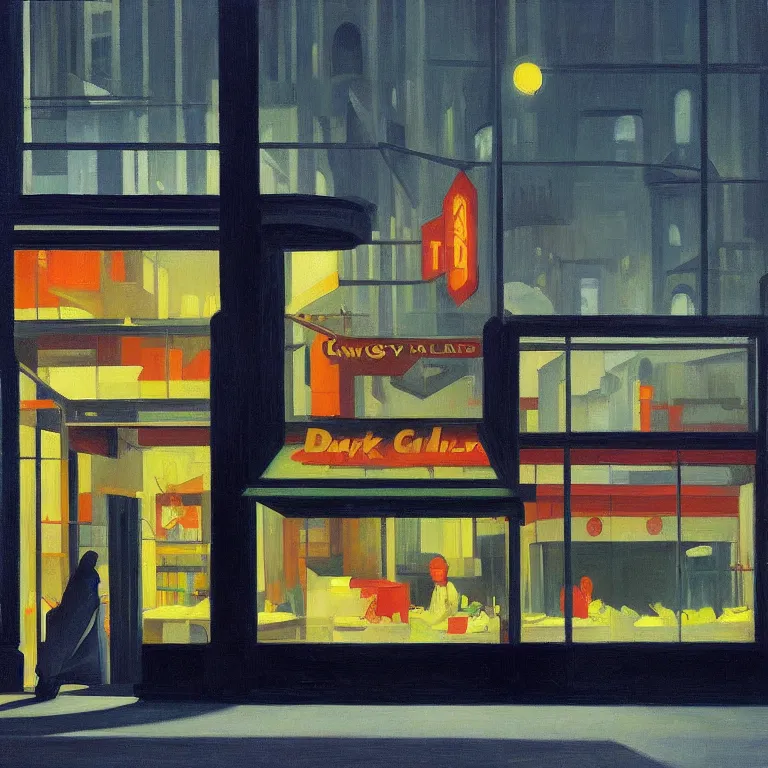 Prompt: dark city all stores closed, except one store glowing inside between dark closed stores, painted by Edward Hopper and James Gilleard, oil painting