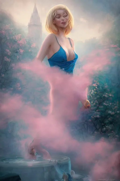 Prompt: an insanely detailed close up portrait of a beautiful blonde haired woman, blue dress, holding nikon camera, background is a fountain in the park, in the style of peter mohrbacher, artgerm, dramatic lighting and composition, pink fog background, octane render, trending on artstation, concept art 8 k