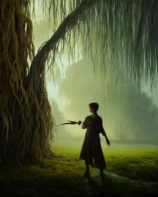 Image similar to highly detailed surreal vfx portrait of a cursed dagger in a shadowy swamp by a willow tree, stephen bliss, unreal engine, greg rutkowski, loish, rhads, beeple, makoto shinkai and lois van baarle, ilya kuvshinov, rossdraws, tom bagshaw, alphonse mucha, global illumination, detailed and intricate environment