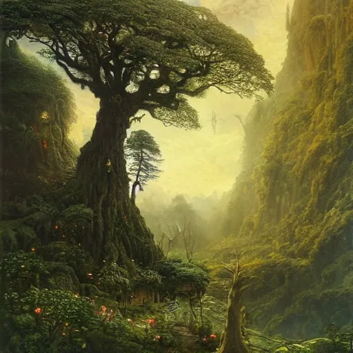 Image similar to a beautiful and highly detailed matte painting of a giant tree in a magical garden in lush forest in the valley of dreams, intricate details, epic scale, insanely complex, 8 k, sharp focus, hyperrealism, very realistic, by caspar friedrich, james gurney, brian froud,