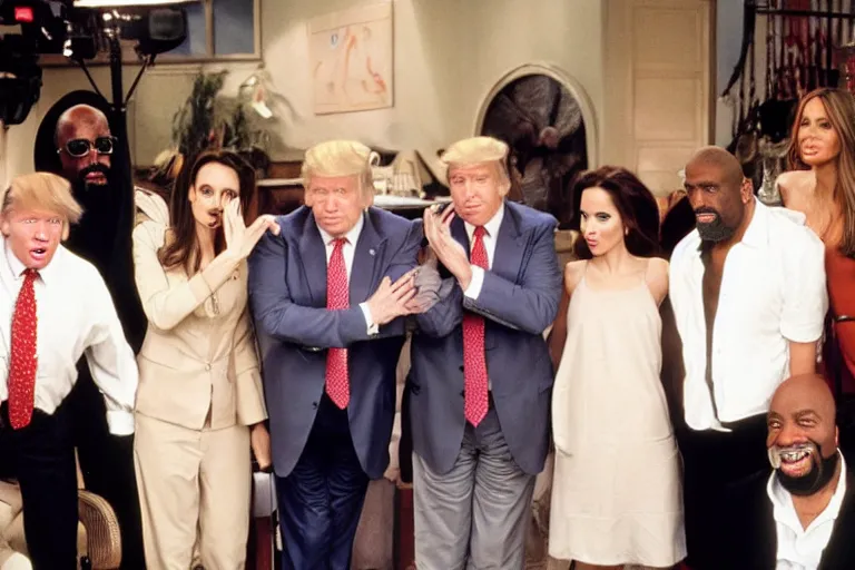 Image similar to Angelina Jolie, Boris Johnson, Mr T, Donald Trump, Wesley Snipes, best friends, on set of Friends TV show, still photo, hyperrealistic, 35mm, 8k, by weta digital