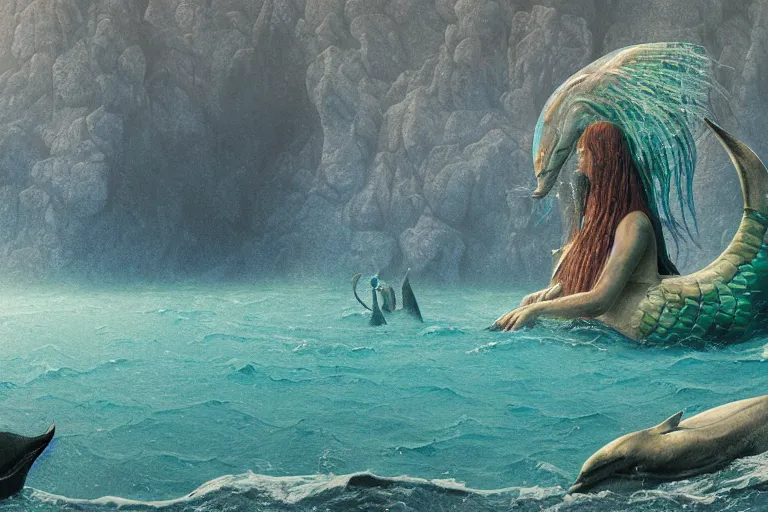 Image similar to mosaic of legendary mermaid in stylised sea with dolphins and fish in vast natural cave, mist, morning light, octane render, digital illustration by Zdislav Beksinski on artstation