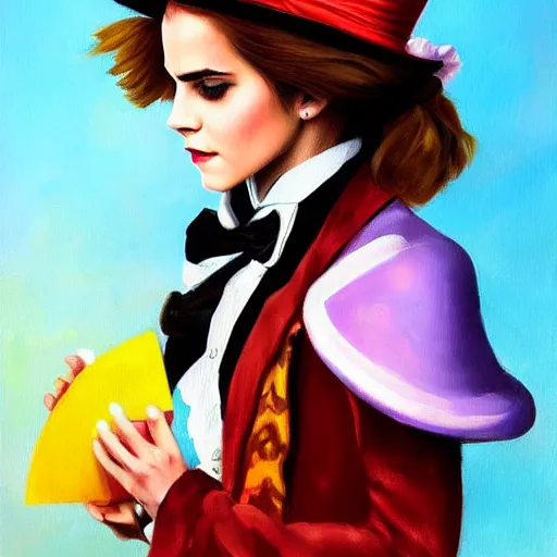 Image similar to beautiful emma watson cosplay as The Mad Hatter from Alice in wonderland, oil painting, full body.