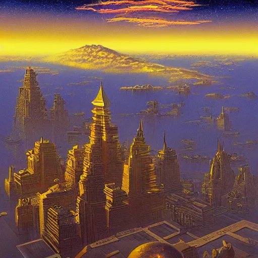 Image similar to the golden city of the gods in the clouds by killian eng and moebius