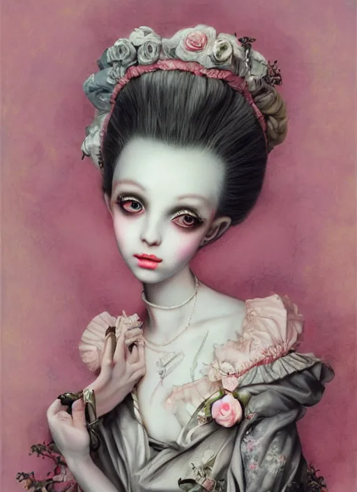 Image similar to pop surrealism, lowbrow art, realistic cute marie antoinette girl painting, japanese street fashion, hyper realism, muted colours, rococo, natalie shau, loreta lux, tom bagshaw, mark ryden, trevor brown style,
