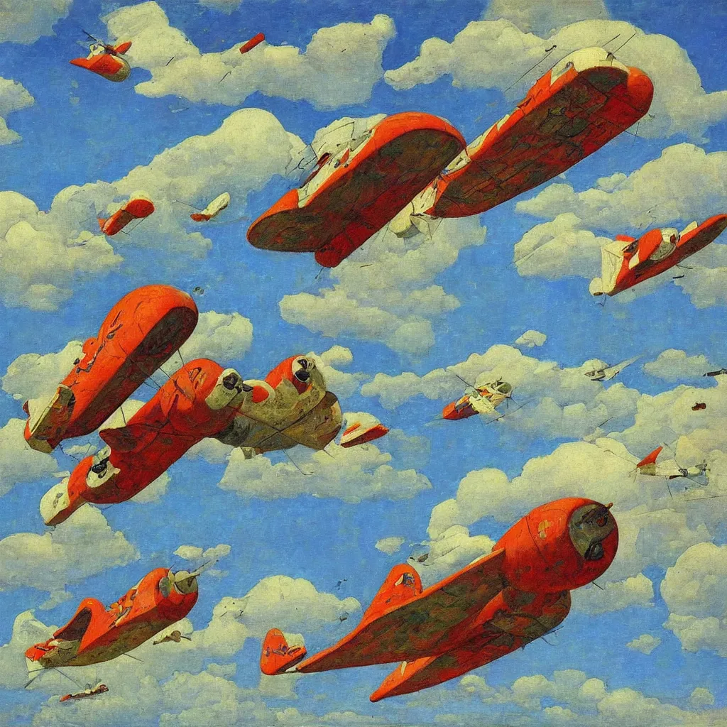 Image similar to two huge flying zepplins, 1930, highly detailed oil on canvas, by Konstantin Yuon