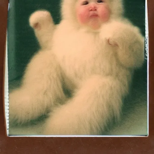 Image similar to a old polaroid of a chubby baby yeti