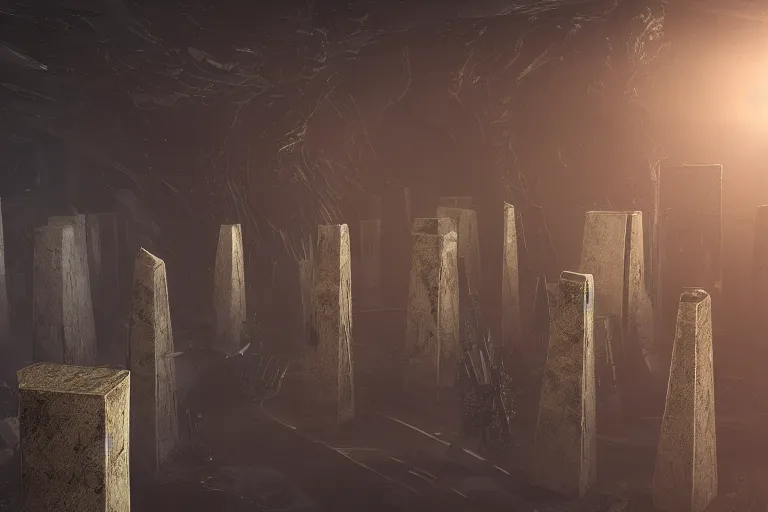 Prompt: gods basement filled with alien obelisks, divine, bright light, 8 k photography, cinematic light, award winning, artstation