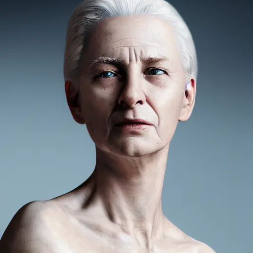 Prompt: cinematic photograph taken by annie leibovitz, hyper detailed, realistic female face and shoulders, white skin made from painted porcelain, white hair, fine facial features, white eyes and eyelashes, 8 k, 1 5 0 ml lens, elegant, white background pastel blue lighting, octane render, volumetric lighting