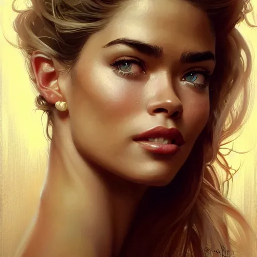 Prompt: portrait of a young denise richards, upper body, seductive eyes, long hair, joyful smirk, intricate, elegant, highly detailed, digital painting, artstation, concept art, matte, sharp focus, illustration, art by artgerm and greg rutkowski and alphonse mucha