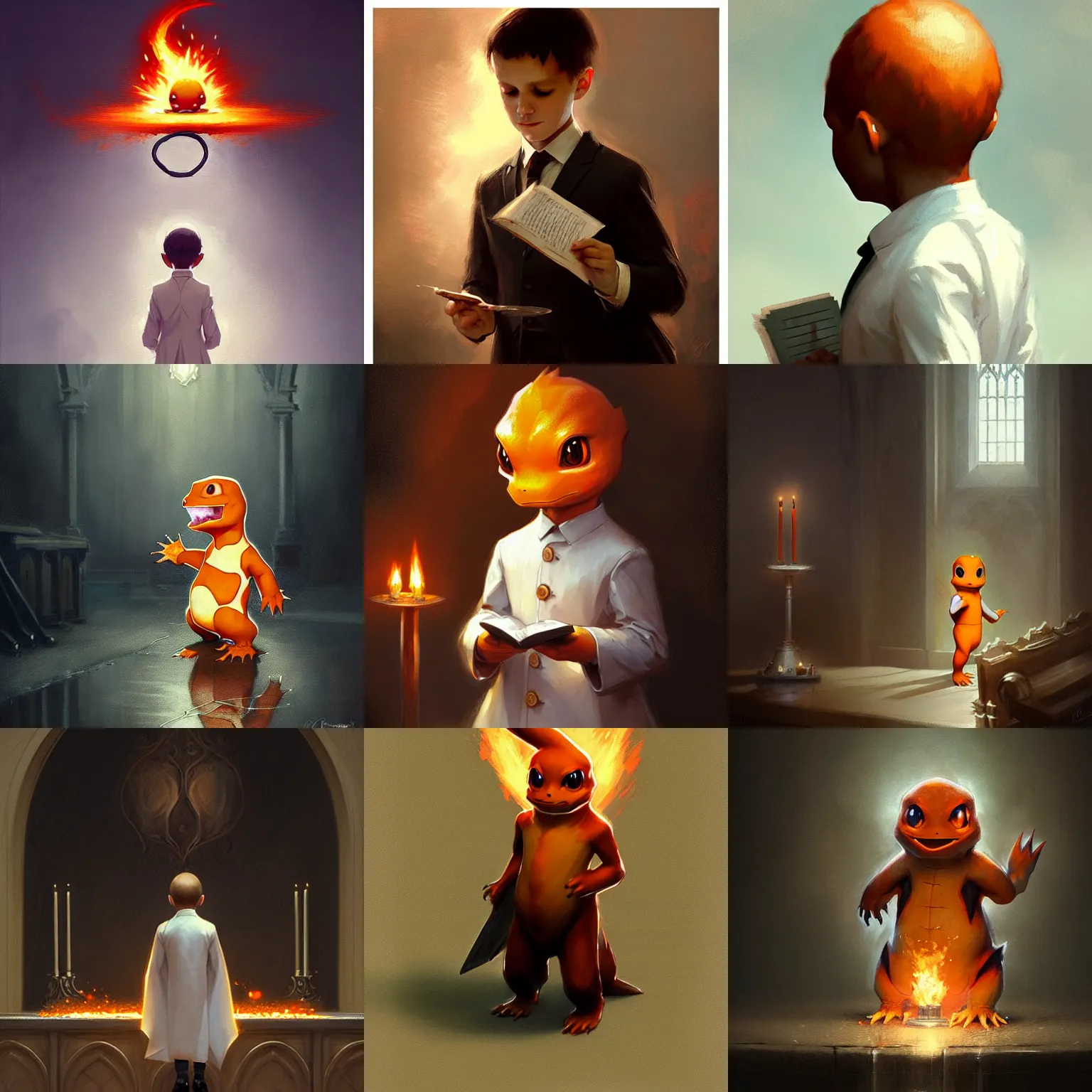 Prompt: charmander in his first communion, art by greg rutkowski, intricate, elegant, highly detailed, smooth, sharp focus, artstation