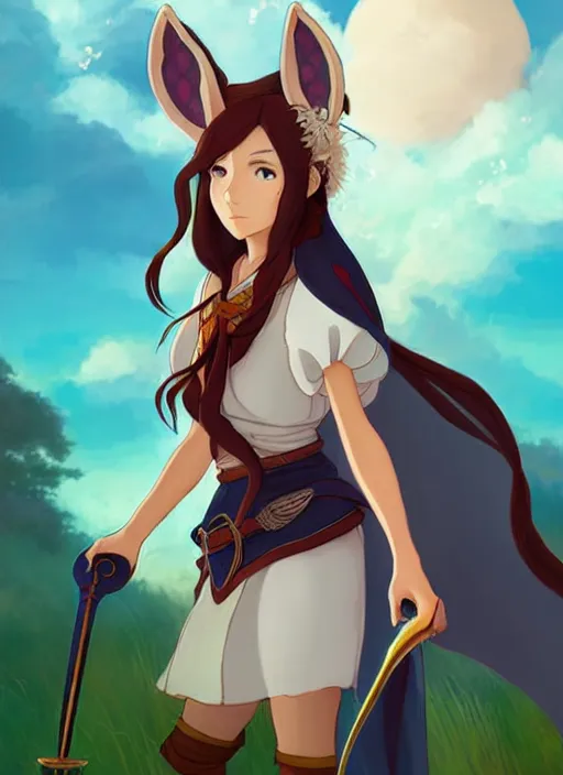 Image similar to a gorgeous female bard, d & d, fantasy art, fox ears, by studio ghibli, anime key art