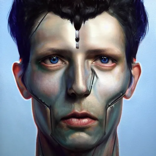 Prompt: surreal portrait of a man by Greg Rutkowski, symmetrical face, he is about 30 years old, short black hair with bangs, his features are a mix between French, Turkish and Russian, transformed into a kind of biomechanical transhuman god, blue glowing eyes, expression of epiphany and determination, cosmic void background, frightening, fascinating, highly detailed portrait, digital painting, book cover, artstation, concept art, smooth, sharp foccus ilustration, Artstation HQ