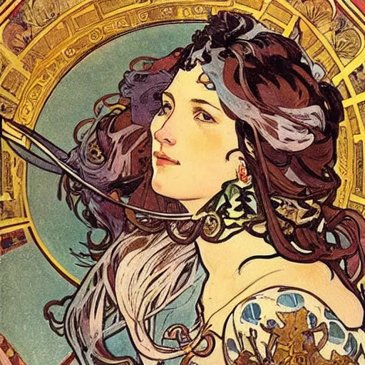 Image similar to woman in full plate armour, lance, flowing hair, painted by alphonse mucha