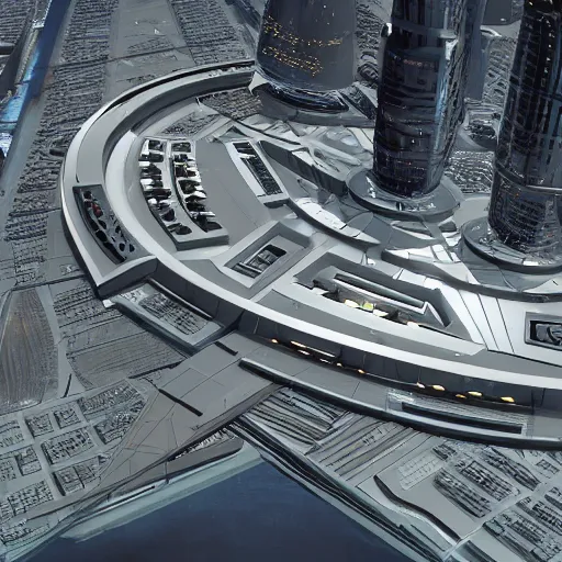 Image similar to archviz of Star Fleet Headquarters in San Francisco of the future, 2409, octane, vray, hyperrealistic