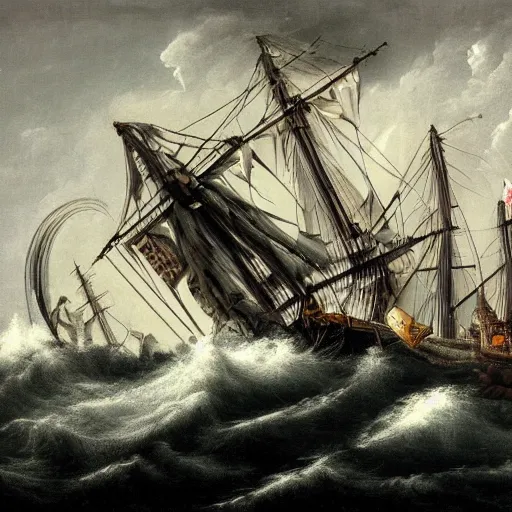 Image similar to a highly detailed scene of a ship being attacked by giant squid tentacles, dark, voluminous clouds, thunder, stormy seas, pirate ship, dark, high contrast