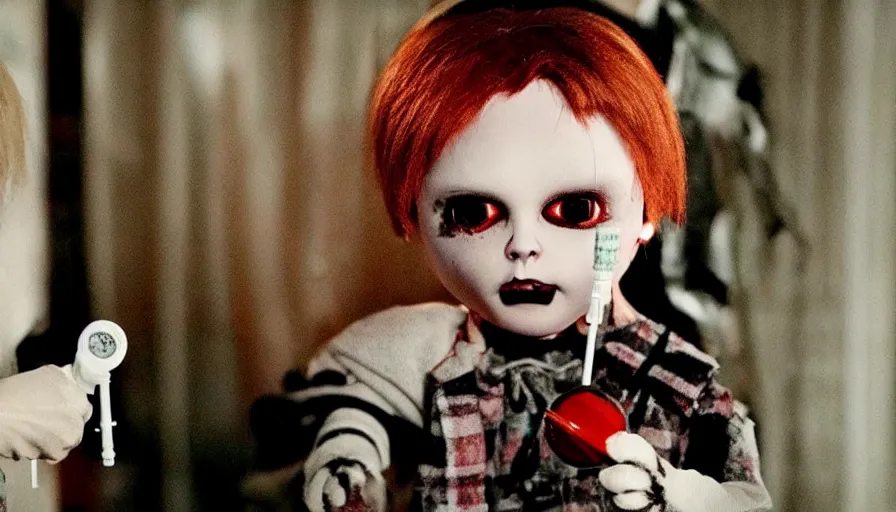 Prompt: big budget horror movie about an evil killer doll holding a syringe