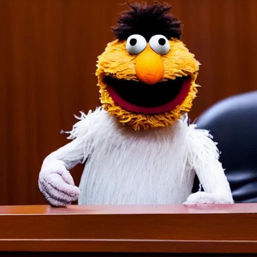 Image similar to a hyperrealistic portrait of the sesame street bert wearing a white lawyer's wig in a courtroom, fuji film, intricate details. believable eyes. front on, symmetrical. head to shoulders shot.