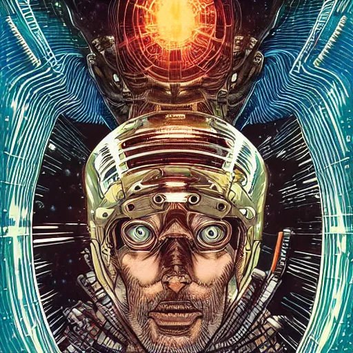 Image similar to portrait of crazy interstellar explorer, symmetrical, by yoichi hatakenaka, masamune shirow, josan gonzales and dan mumford, ayami kojima, takato yamamoto, barclay shaw, karol bak, yukito kishiro