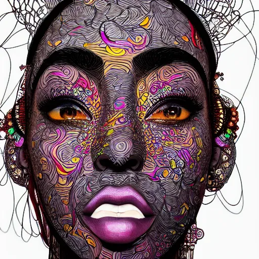 Image similar to the portrait of a beautiful and elegant young black woman made up of peppers, an ultrafine detailed illustration by james jean, intricate linework, bright colors, final fantasy, behance contest winner, vanitas, angular, altermodern, unreal engine 5 highly rendered, global illumination, radiant light, detailed and intricate environment