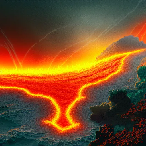 Prompt: lava raining down from sky onto ocean, beautiful detailed pixel art, intricate details, beautiful, dithered gradients, volumetric lighting, cgsociety, artstation, smooth, sharp focus, 2 d illustration, old school computer game graphics, crpg, d & d, pixel art