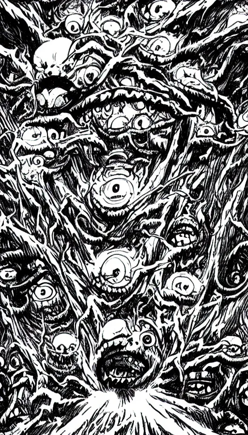 Image similar to a storm vortex made of many demonic eyes and teeth over a forest, by eiichiro oda