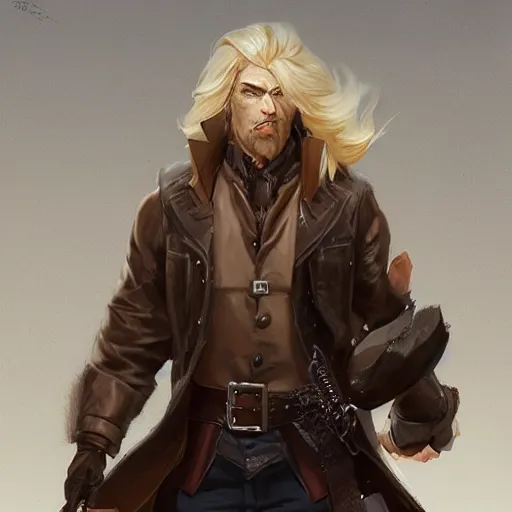 Image similar to portrait of a muscular, grim, ponytail haired blonde man in his late 30's, wearing a thick brown leather coat, looking to his side, hunter, DnD character, fantasy character, digital art by Ruan Jia, Krenz Cushart, Rossdraws and Boris Vallejo