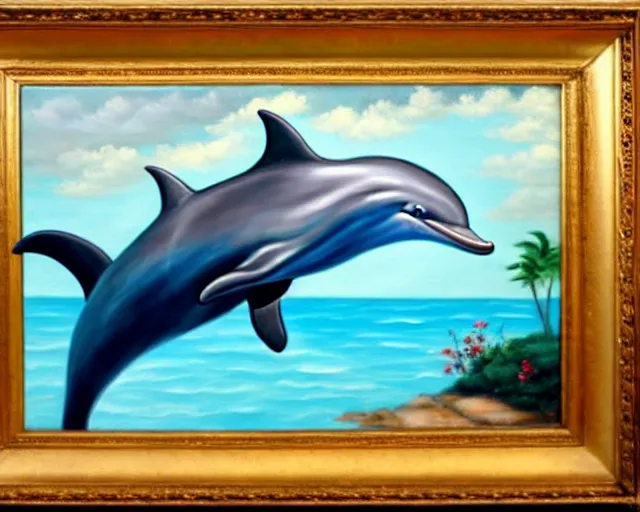 Prompt: oil painting of a cheeky time-travelling aristocratic dolphin wearing fine clothing floating above a swimming pool