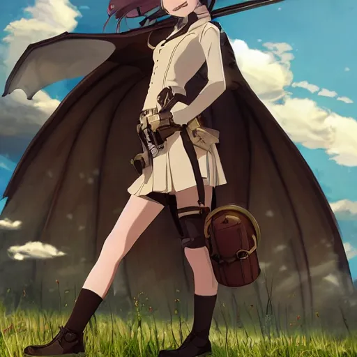 Prompt: girl with a steampunk uniform and weapons and metal wings, serious, extremely detailed, made by wlop and studio ghibli, cinematic lighting, full body portrait, illustration, grass, sunny, clouds, sky, anime, side view, smug,