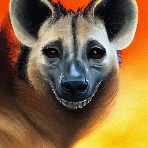 Prompt: painted portrait of an anthropomorphic hyena smiling, trending on artstation, by anna dittmann