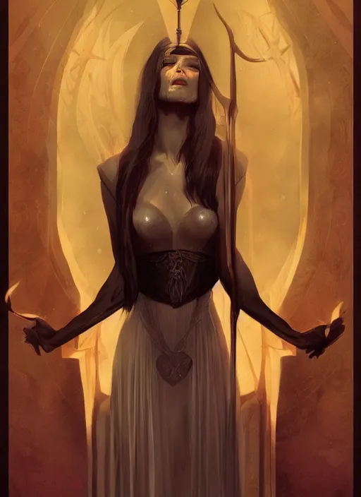 Image similar to tarot!!, high priestess, no noise, elegant, concept art, sharp focus, beautiful face!!, digital art, smooth defined outlines!!, human anatomy, human structure, vector background, dark fantasy, by Brom, trending on Artstation, Tom Bagshaw, Sargent