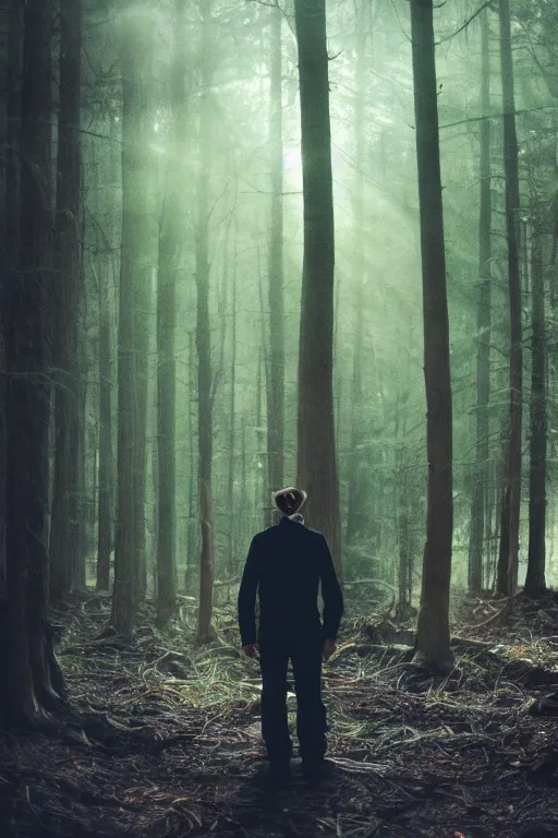 Image similar to kodak portra 4 0 0 photograph of a guy wearing a kings crown standing in a dark fantasy forest, back view, lens flare, moody lighting, moody vibe, telephoto, 9 0 s vibe, blurry background, grain, tranquil, calm, faded!,