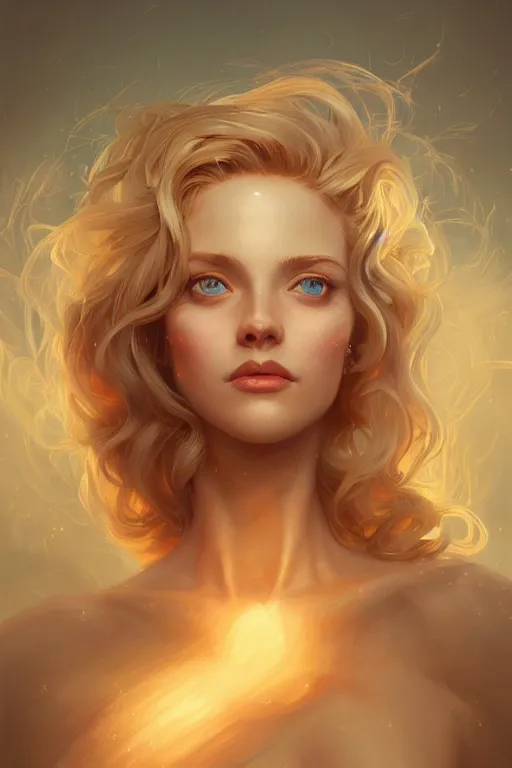 Image similar to an insanely detailed portrait of a beautiful woman facing you, highly detailed features, sparkling blue eyes, long eyelashes, long golden blonde hair, beautiful smile, in the style of peter mohrbacher, artgerm, dramatic lighting and composition, octane render, trending on artstation, concept art 8 k