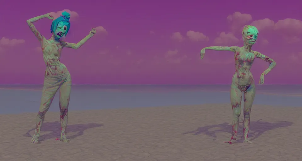 Prompt: fullbody vaporwave art of a zombie girl at a beach, early 90s cg, 3d render, 80s outrun, low poly, from Hotline Miami, Beksinski