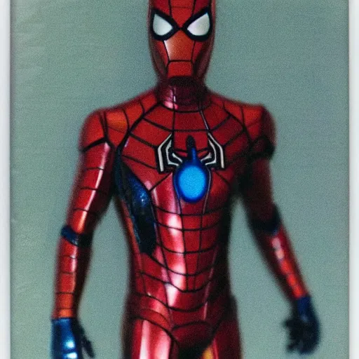 Image similar to a single iron man and spider - man hybrid, dslr, polaroid