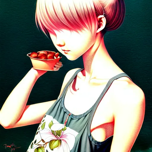 Image similar to richly detailed color  illustration of a dainty pretty young woman wearing a tank top, 'Southern Death Cult' is the theme, very soft shadowing, smooth textures, large scale image. art by Range Murata.