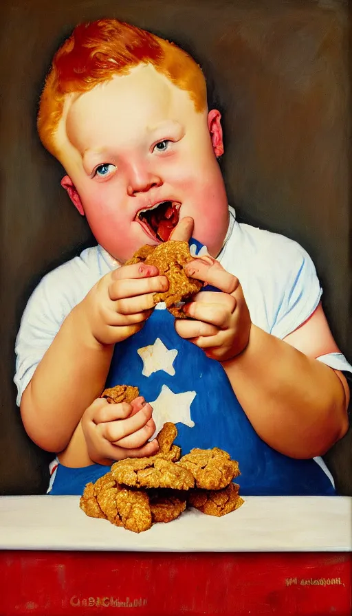 Image similar to painting of a ginger hair chubby boy eating a delicious cholocate chunks cookies, buzz cut, america, norman rockwell